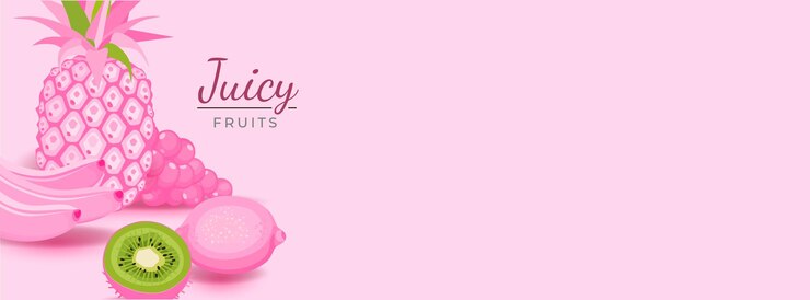 Vetor banner rosa verão com ícones de desenhos animados de frutas saudáveis. belo panorama criativo moderno com frutas diferentes coloridas. cobertura da rede social. ilustração vetorial