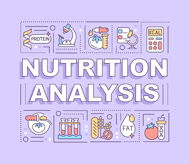 Banner roxo de conceitos de palavra de análise de nutrição