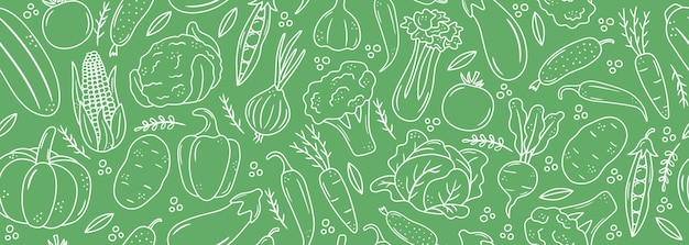 Vetor banner sem costura com ícones de vegetais de contorno esboce o padrão de comida