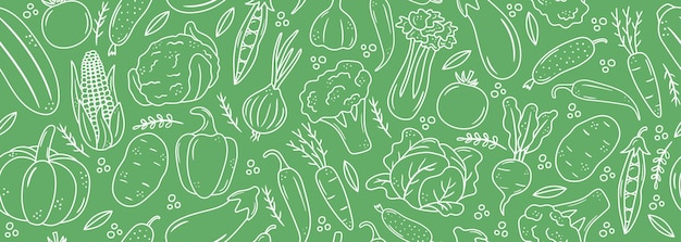 Banner sem costura com ícones de vegetais de contorno esboce o padrão de comida