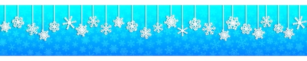 Banner sem costura de natal com flocos de neve brancos pendurados com sombras em fundo azul claro