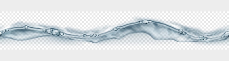 Vetor banner sem costura horizontal com onda de água translúcida repetida horizontalmente em cores cinza com bolhas de ar e gotas, isoladas em fundo transparente.