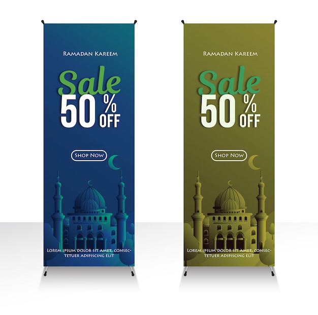 Banner shop ramadan kareem sale 50% promo especial no mês do ramadã e mesquita ilustração