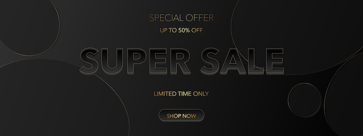 Vetor banner super sale em fundo escuro e elegante com elementos dourados e texto