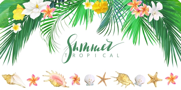 Banner tropical com flores e conchas. molde do vetor.