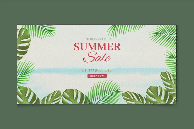Banner tropical de venda de verão com praia e aquarela