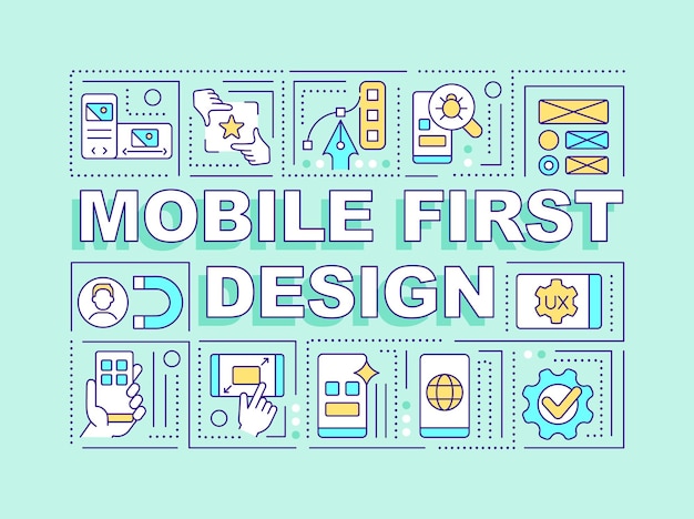 Banner turquesa de conceitos de palavra de primeiro design móvel