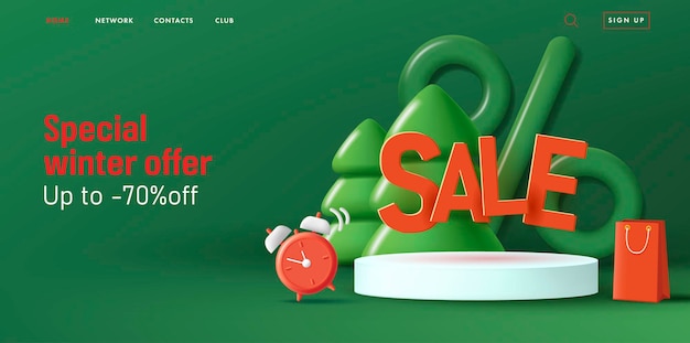 Banner verde de natal com composição de renderização 3d do pódio com letras de venda de volume árvore de natal