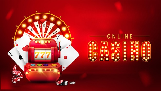 Banner vermelho de cassino online com fichas de pôquer de caça-níqueis vermelhas e casino wheel fortune