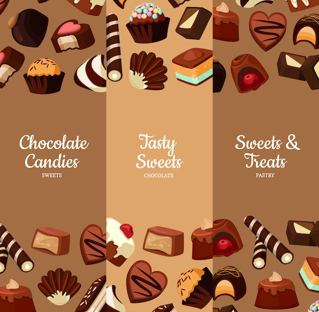 banner vertical com doces de chocolate dos desenhos animados