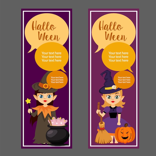 Banner vertical de halloween com assistente fofo