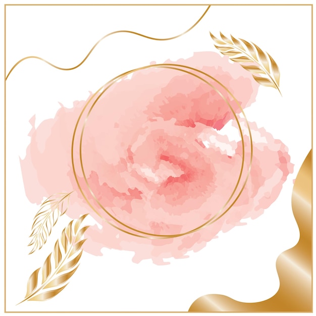 Vetor banner vetorial com molduras de círculo dourado, folhas e ponto de aquarela rosa.