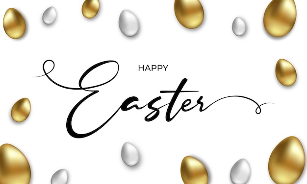 Banner vetorial com ovos de Páscoa dourados realistas e letras de saudação de feliz Páscoa