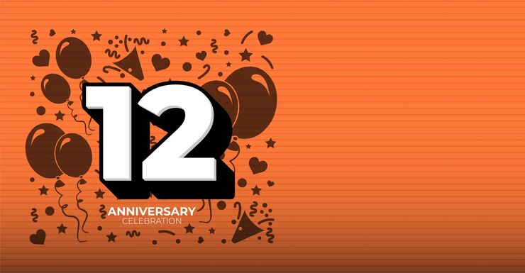 Vetor banner vetorial de aniversário ou aniversário de 12 anos em preto e branco com espaço de cópia laranja personalizável
