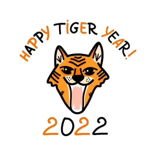 Banner vetorial de ano novo com um tigre fofo e a inscrição ano feliz do tigre em estilo cartoon