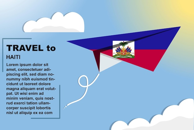 Vetor banner vetorial de viagens do haiti com bandeira de papel e bandeira de espaço de texto no conceito de férias de avião de papel