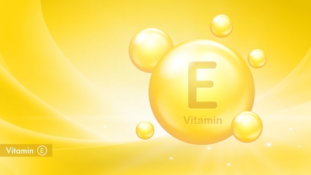 Banner vetorial de vitamina e com bolhas de gotas poster médico do complexo de vitamina e cuidados de saúde e beleza