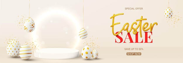 Banner vetorial para venda de Páscoa Ilustração de feriado vetorial com letras 3D douradas realistas confeti e ovos com padrões dourados Símbolos 3D realistas de design de anúncios de Páscua para cartazes banners