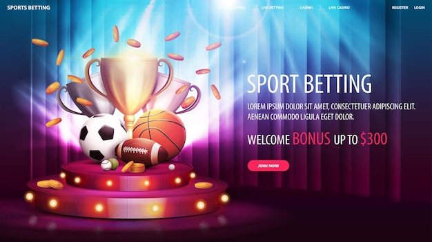 Vetor banner web de bônus de boas-vindas de apostas esportivas com oferta de taças de campeão e bolas esportivas no pódio redondo vermelho com cortina no fundo