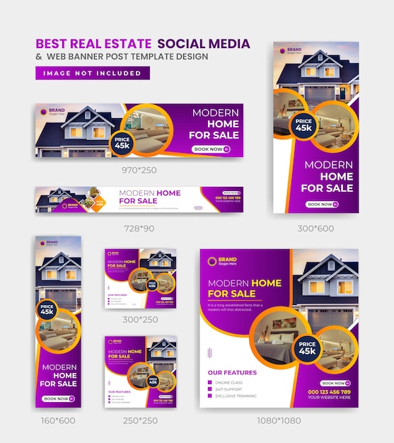 Banner web imobiliário e design de modelo de pacote de mídia social de negócios
