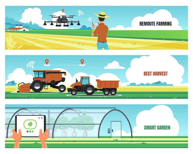 Vetor banners agrícolas. agricultura inteligente e usando tecnologias futuristas para o cultivo de alimentos, conceito de automação de trabalho do solo. folheto de imagem vetorial de tecnologia agro digital