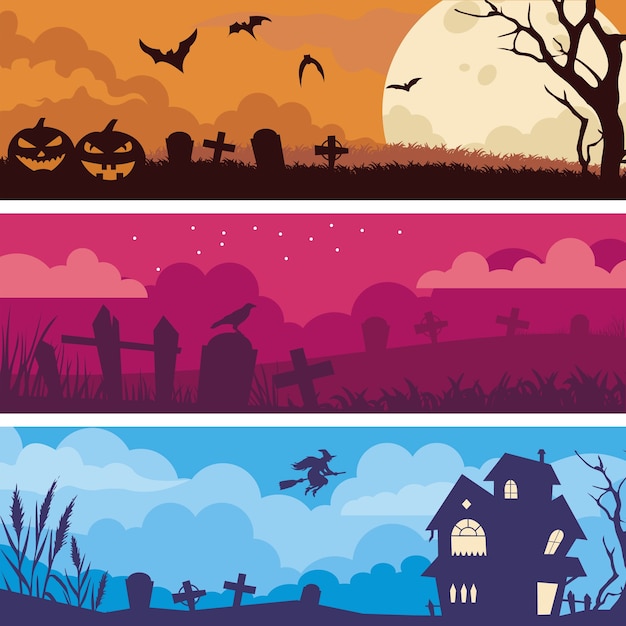 Banners com design plano de halloween