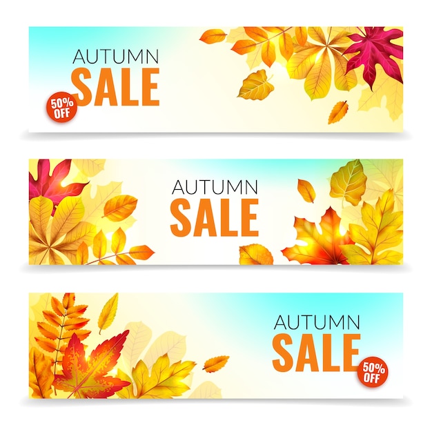 Banners com folhas de outono. Ofertas de desconto na temporada de outono com folhagem realista vermelha e laranja. Modelos de tags abstratos de venda outonal sazonal de folhas coloridas