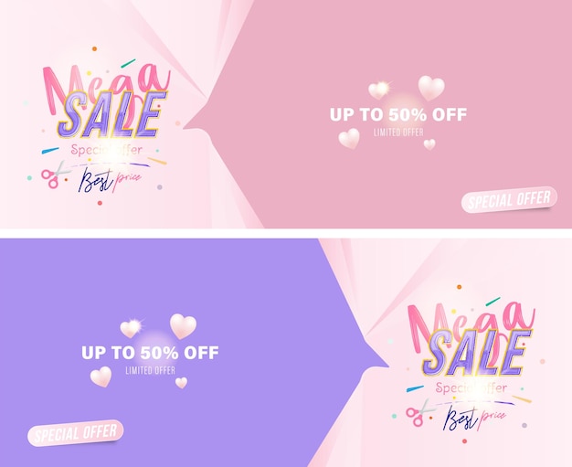 Banners da web mega venda com oferta especial. Inscrição de fonte com elementos de luzes