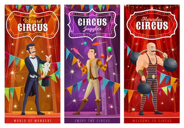 Banners de artistas de circo. Grandes artistas ilusionistas, malabaristas e personagens de homem forte na grande arena de barracas com apresentação de show. O mago faz uma manobra de circo com um coelho no chapéu