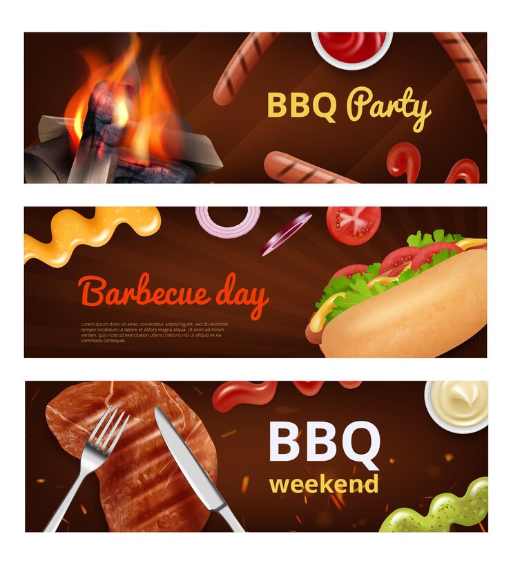 Vetor banners de churrasco salsicha de refeição para churrasco hambúrgueres de cachorro-quente com comida de bebida de bife fotos promocionais vetoriais decentes com lugar para texto