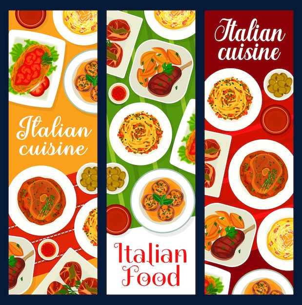 Banners de comida de cozinha italiana, pratos italianos, massas