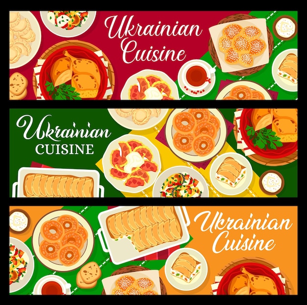 Banners de comida de cozinha ucraniana pratos vegetarianos de carne
