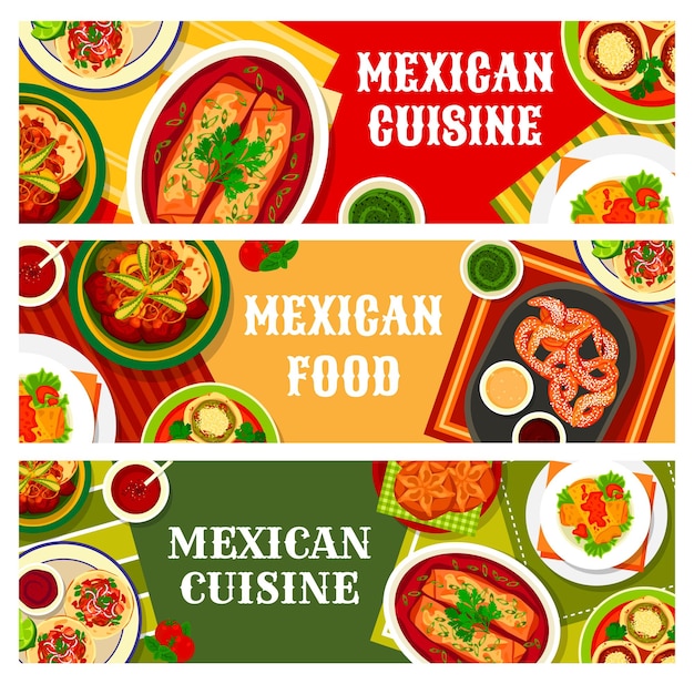 Vetor banners de comida mexicana pratos de menu de culinária do méxico