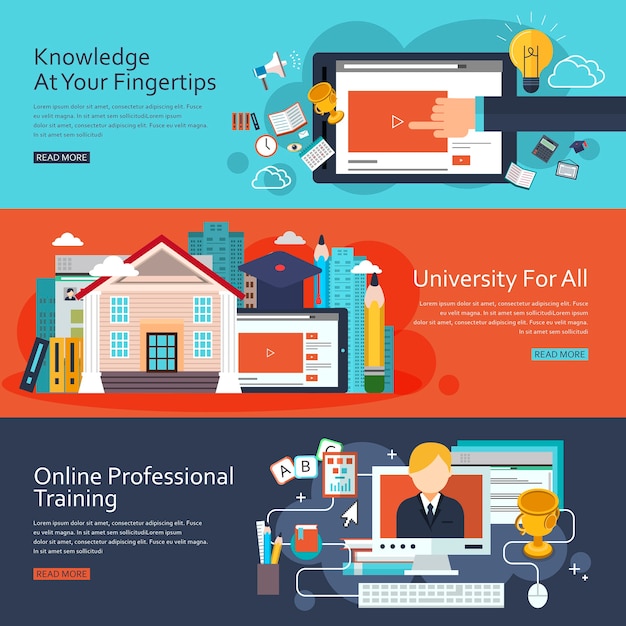 Banners de conceito de educação online definidos em design plano