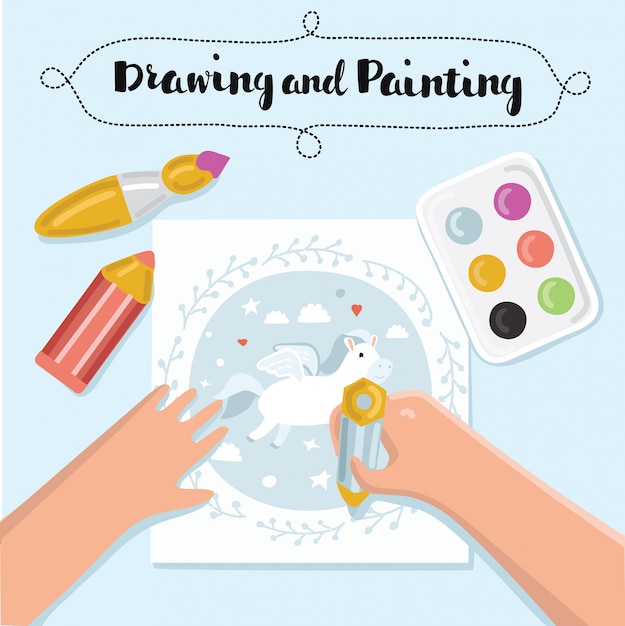 Banners de crianças criativas artesanais. banners de processo criativo com pintura infantil e trabalhos manuais infantis. ilustração