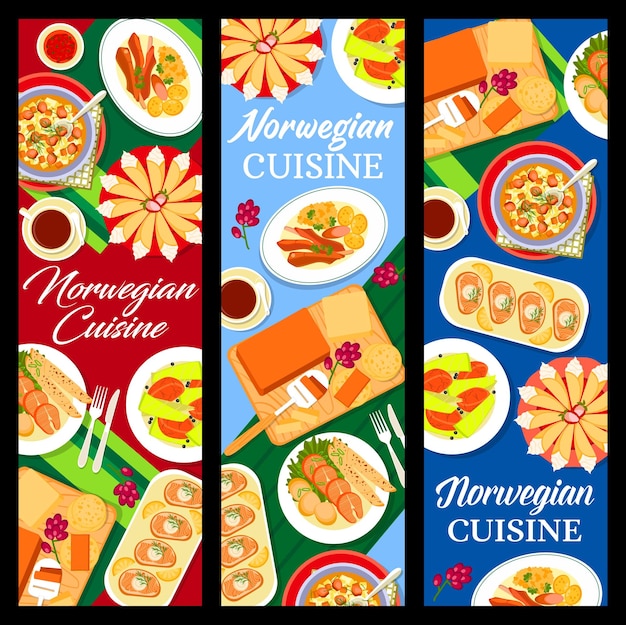 Banners de culinária norueguesa, pratos e refeições