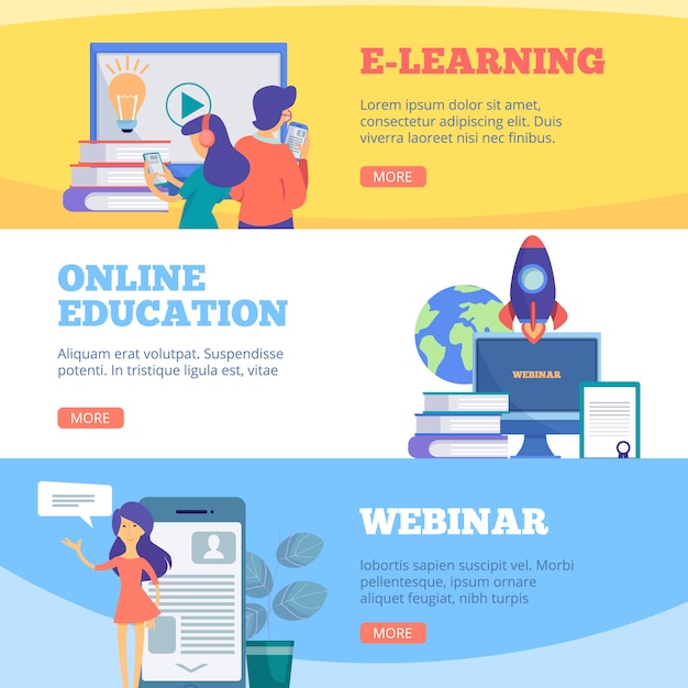 Vetor banners de educação on-line. webinar web escola conferência e aprendizagem cursos a distância imagens planas