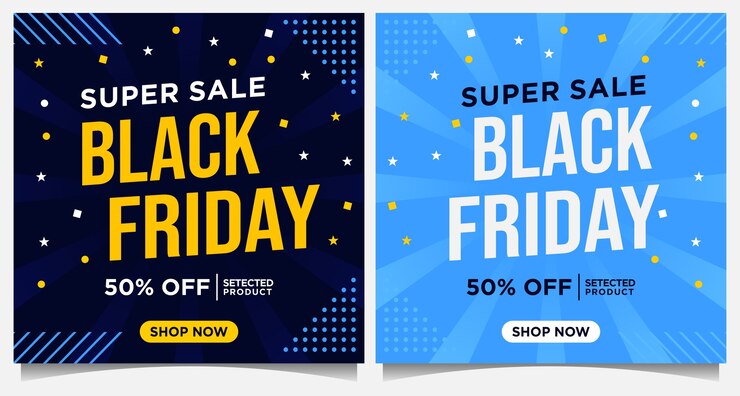 Banners de eventos da Black Friday, postagem em mídia social e modelo de plano de fundo em azul e amarelo com enfeites de ponto e estrela