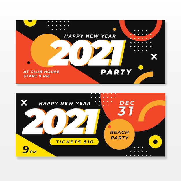 Banners de festa de ano novo 2021 em design plano