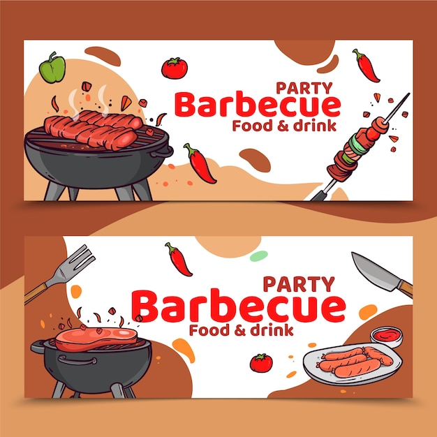 Banners de festas Bbq em design desenhado à mão