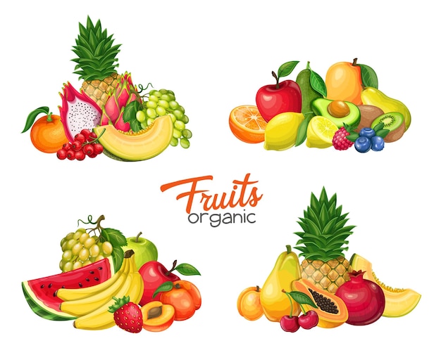 Banners de frutas e bagas, ilustração vetorial. composições de pitaya, romã, framboesa, morango, uva, groselha e mirtilo. limão, pêssego, maçã, laranja, melancia e abacate