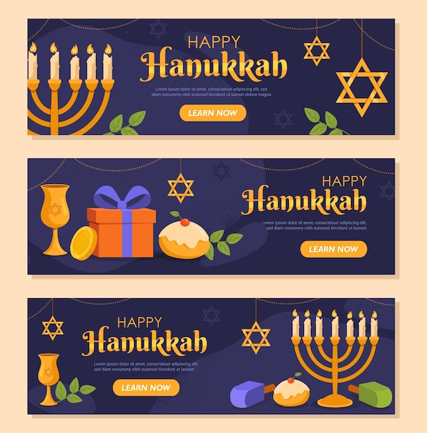 Banners de hanukkah definem feriado judaico tradicional e castiçal de festival com caixas de presente e bolos