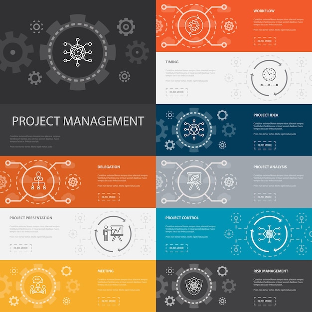 Banners de ícones de 10 linhas de infográfico de gerenciamento de projeto. apresentação de projeto, reunião, fluxo de trabalho, ícones simples de gerenciamento de risco
