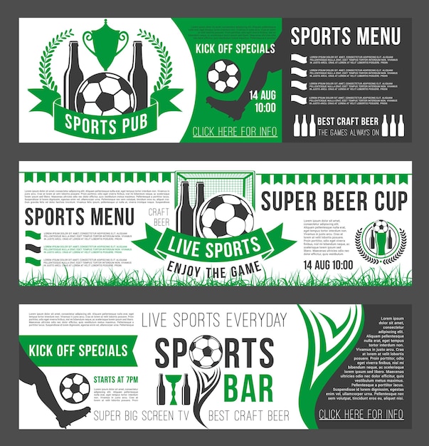 Banners de menu de pub de futebol de bar de esportes de futebol vetorial