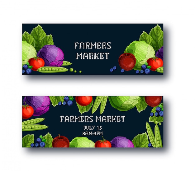 Banners de mercado de agricultores conjunto com repolho, ervilhas, tomate, maçã, mirtilo, texto