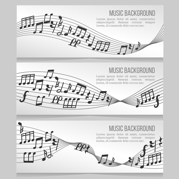 Banners de música vector conjunto com notas e onda sonora