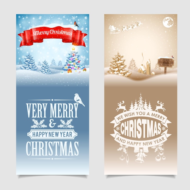 Banners de natal com árvore, presentes, fita, etiquetas, placa de madeira, papai noel e dom-fafe em fundo nevado. modelo de vetor para capa, folheto, brochura, cartão de felicitações.