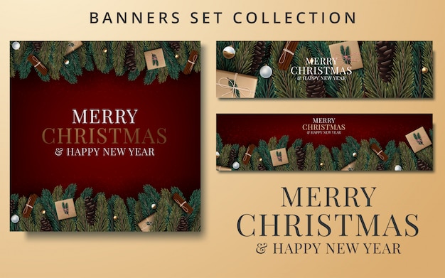 Banners de natal conjunto com ramos de abeto, decorados com fitas