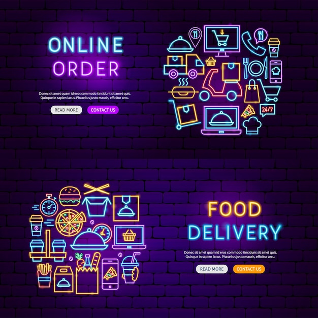 Banners de néon de entrega de comida. ilustração em vetor de promoção de pedido online.