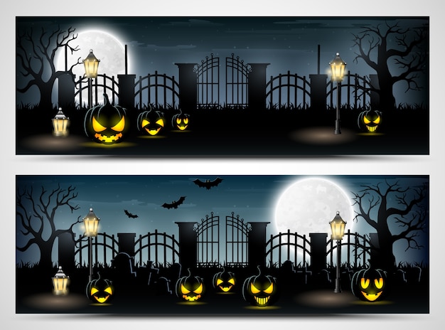 Banners de noite de halloween com abóboras assustadoras